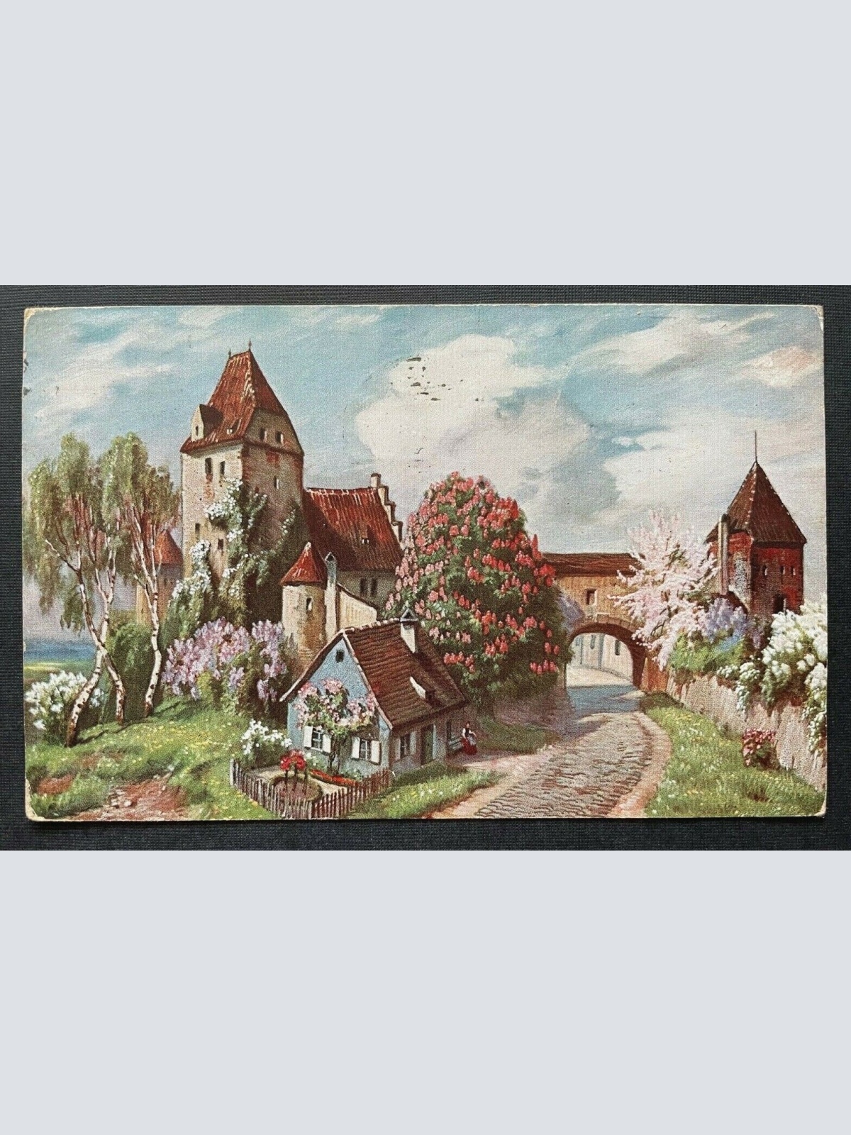 Stadt Ortschaft Stempel Linz Schloss Tor Gebäude Turm Baum Malerei OÖ 400399 TH