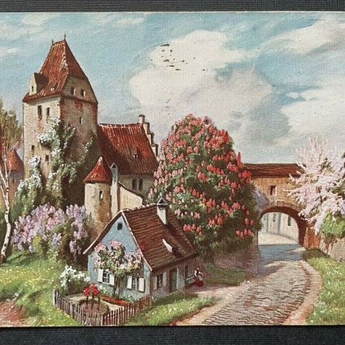 Stadt Ortschaft Stempel Linz Schloss Tor Gebäude Turm Baum Malerei OÖ 400399 TH