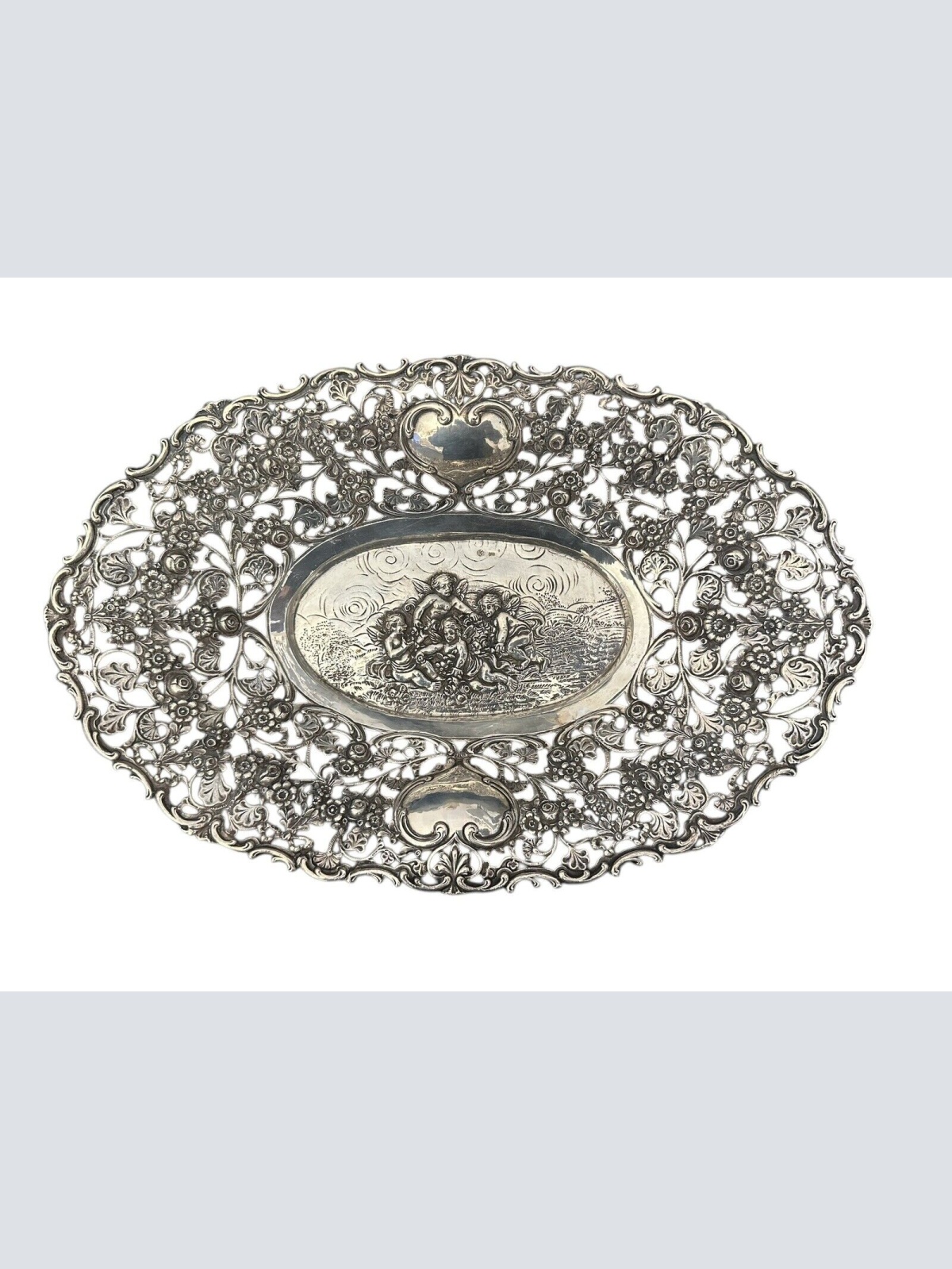 800 Silber Schale Relief Durchbruch Putte Engel Halbmond Krone 324 g 29x19 cm X9