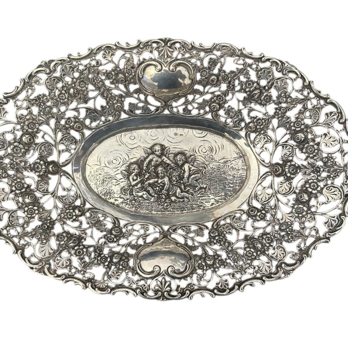 800 Silber Schale Relief Durchbruch Putte Engel Halbmond Krone 324 g 29x19 cm X9