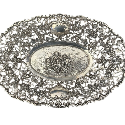 800 Silber Schale Relief Durchbruch Putte Engel Halbmond Krone 324 g 29x19 cm X9