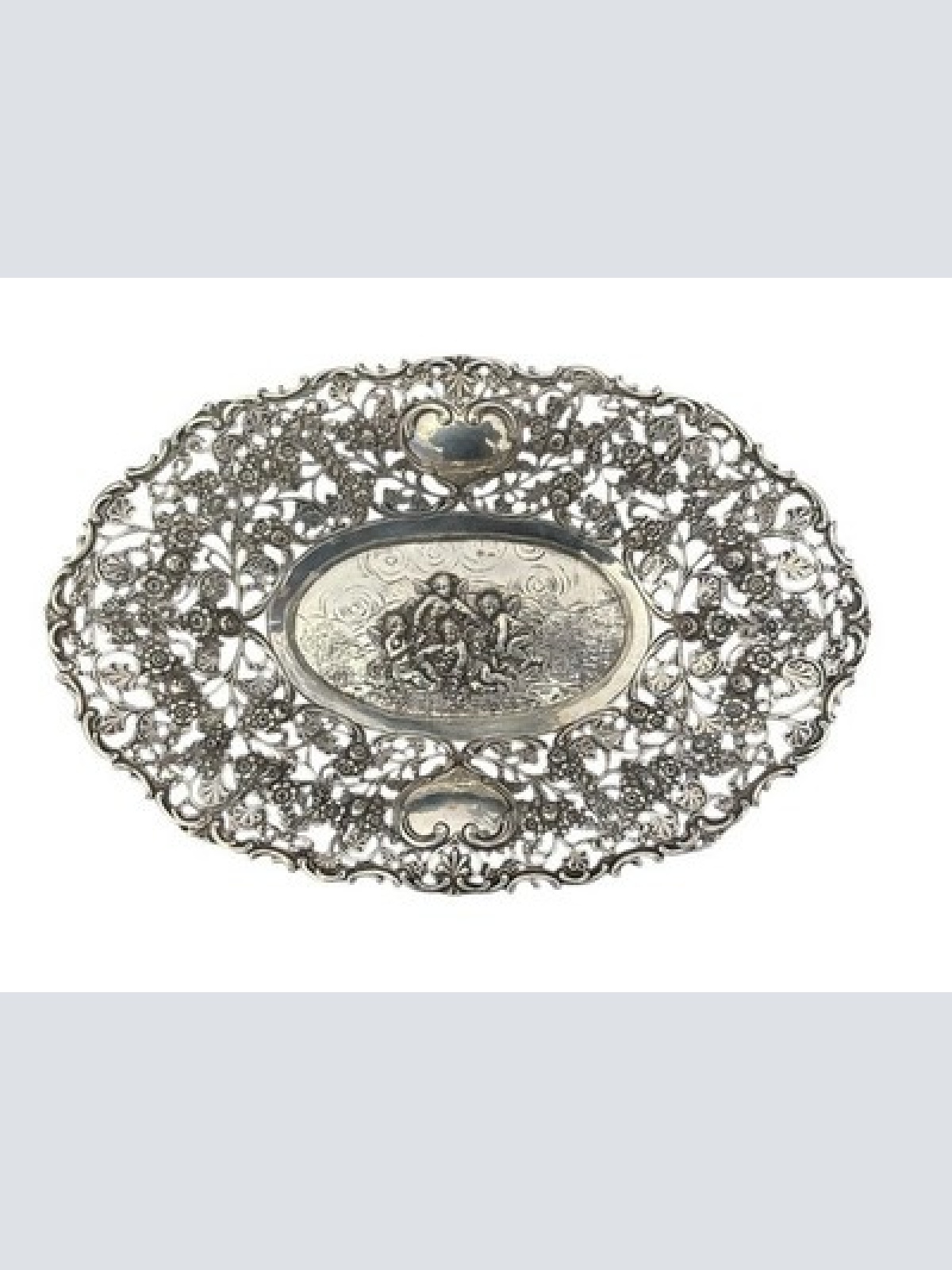 800 Silber Schale Relief Durchbruch Putte Engel Halbmond Krone 324 g 29x19 cm X9