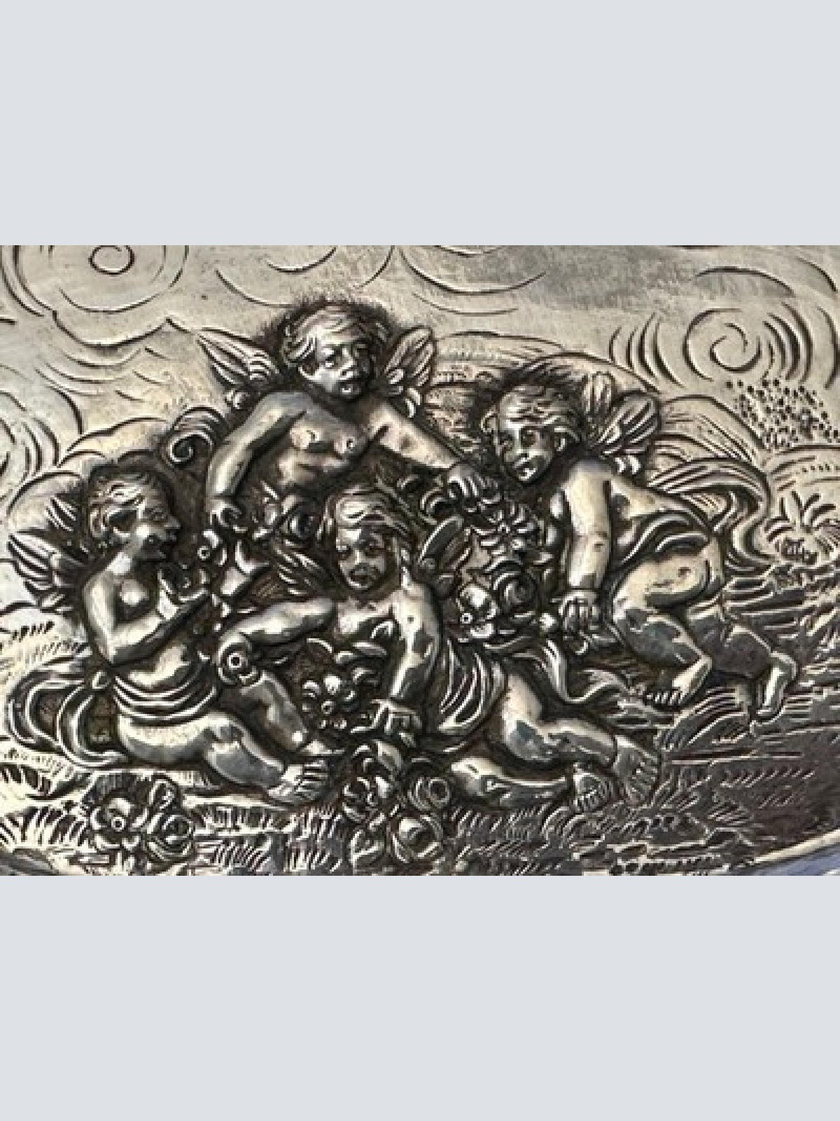 800 Silber Schale Relief Durchbruch Putte Engel Halbmond Krone 324 g 29x19 cm X9