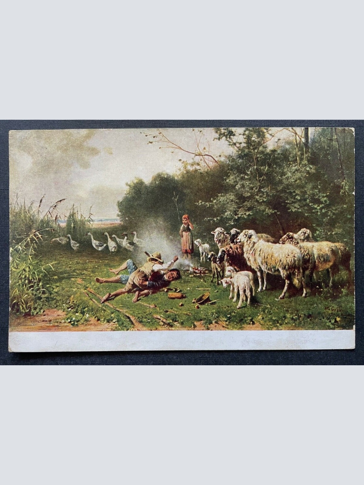 Malerei Hirtenleben O.Gebler Schäfer Schafe Kinder Kleid Tracht Gänse 400398 TH