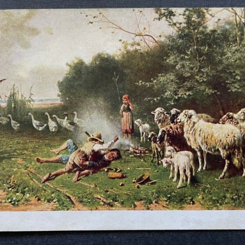 Malerei Hirtenleben O.Gebler Schäfer Schafe Kinder Kleid Tracht Gänse 400398 TH