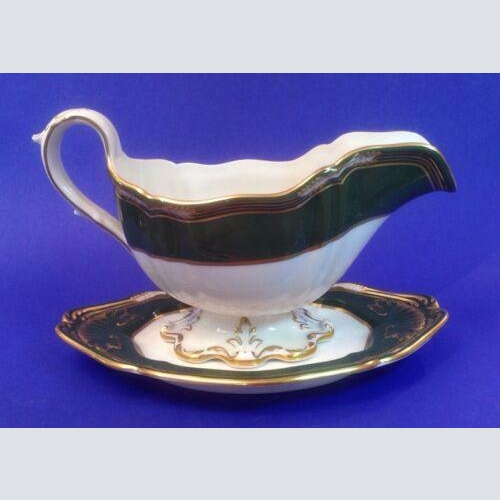 Spode Harrogate Sauciere 2 teilig Grün mit Goldrand 14116