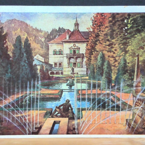 Salzburg Hellbrunn Wasserkünste am Fürstentisch mit Schloß Gemälde JW 650108 C