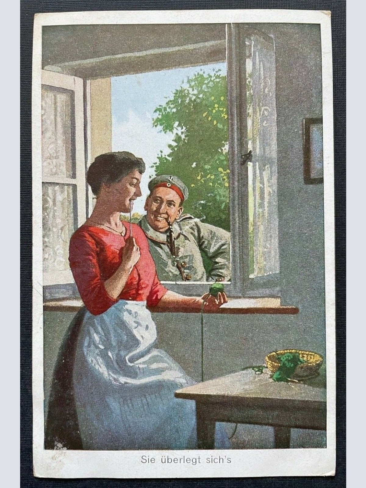 Sie überlegt sich's Frau Mann Soldat Fenster Kleid Schürze Uniform 400310 TH F