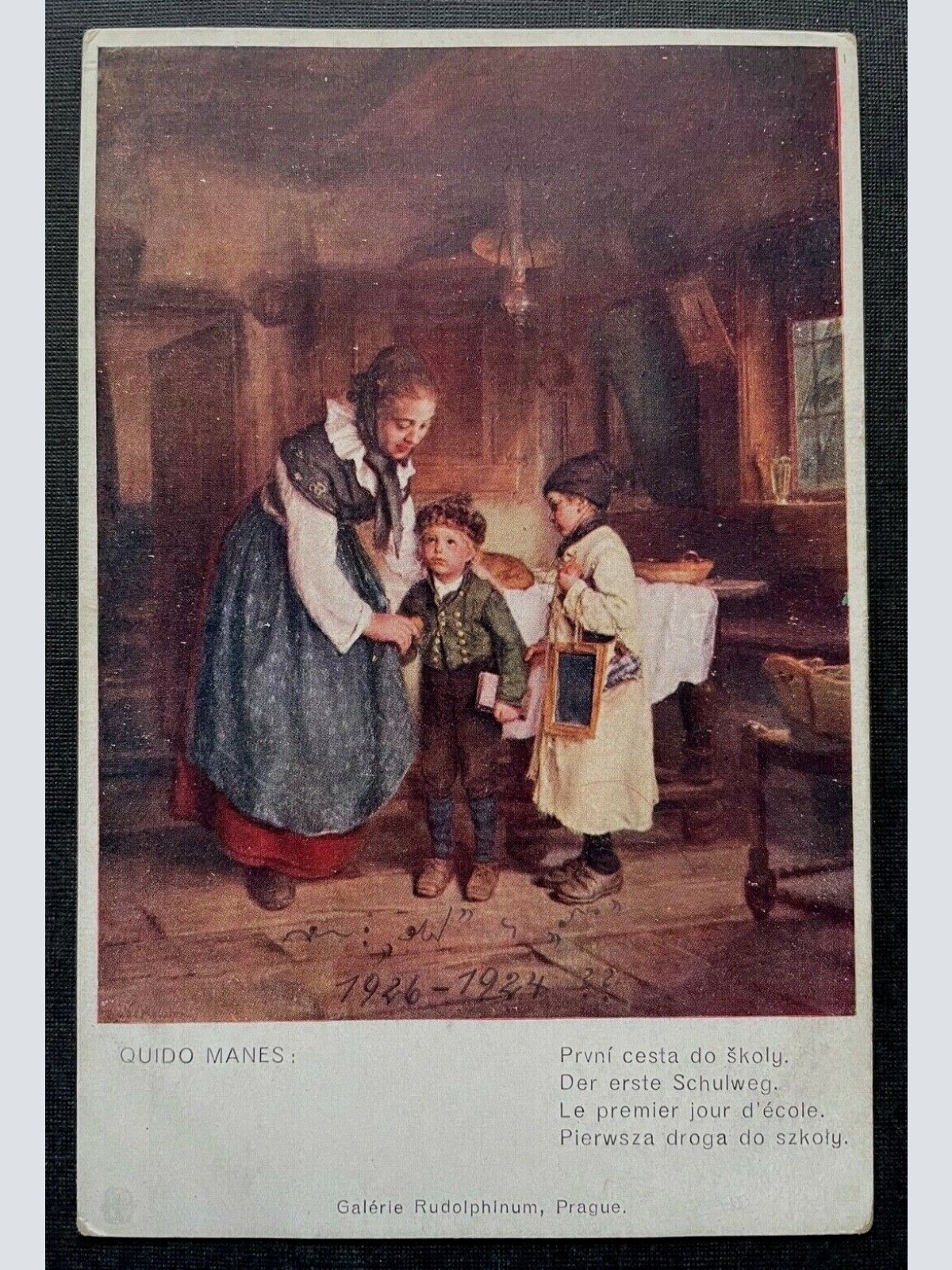 Malerei Der erste Schulweg Q.Manes Schulkinder Mutter Kleid Tracht 400292 TH A