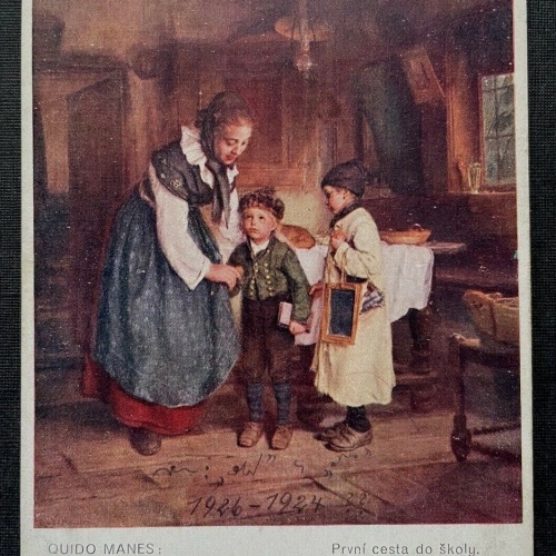 Malerei Der erste Schulweg Q.Manes Schulkinder Mutter Kleid Tracht 400292 TH A