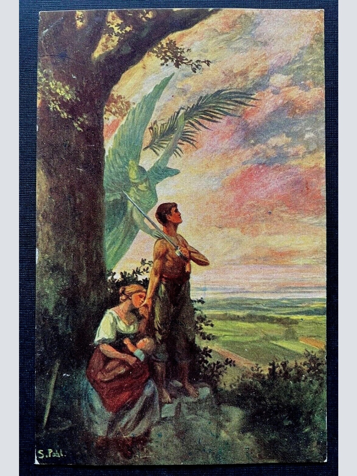 Malerei Beschützt S.Pohl Mann Frau Kind Engel Schwert Wald Feld 400255 TH A