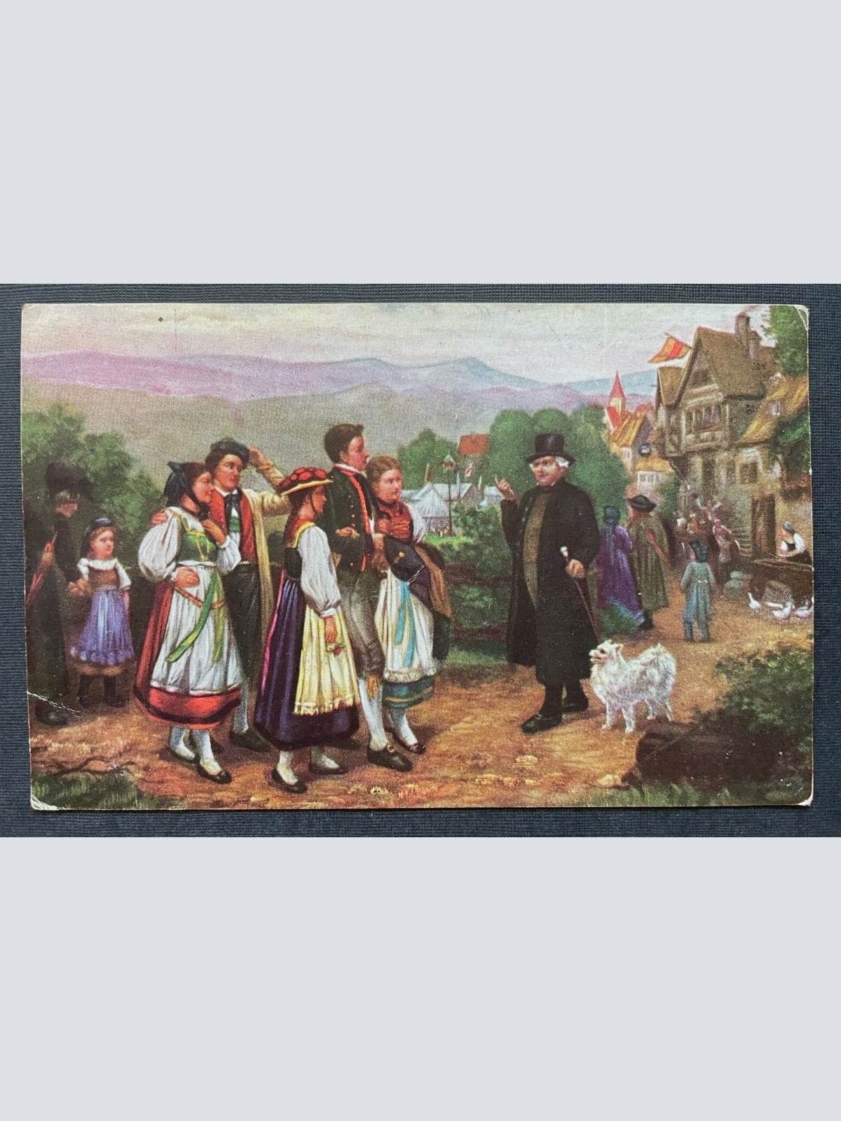 Malerei Kirmes Vorfeier C.Boecker Gruppe Tracht Kleid Anzug Hund 400306 TH A