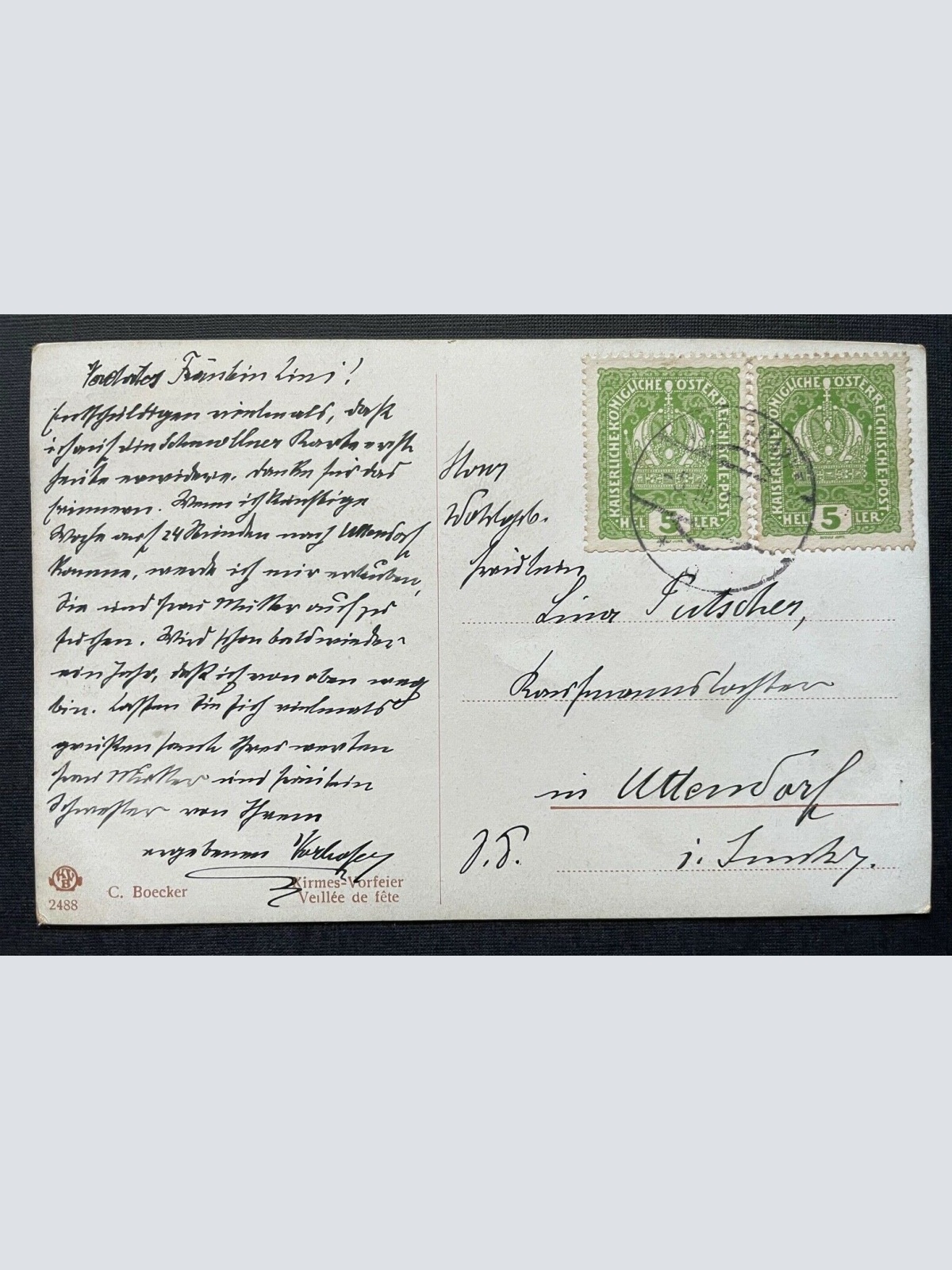 Malerei Kirmes Vorfeier C.Boecker Gruppe Tracht Kleid Anzug Hund 400306 TH A