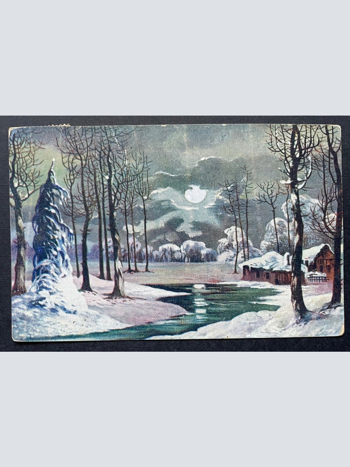 Winter Landschaft Schnee Fluss Eis Baum Haus Mond Nacht Malerei 400338 TH F