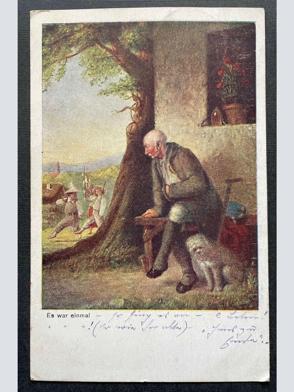 Es war einmal Alter Mann beobachtet Gruppe Hund Senior Bank Haus Baum 400284 A