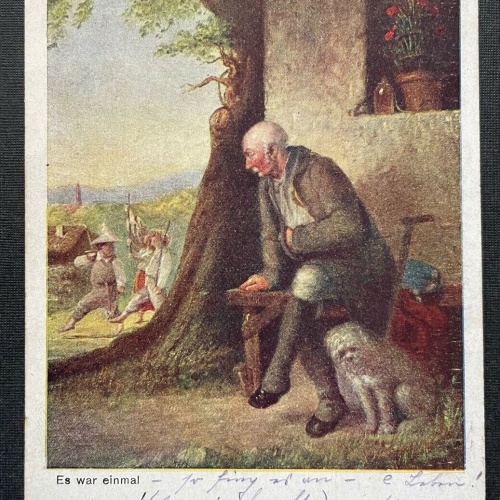 Es war einmal Alter Mann beobachtet Gruppe Hund Senior Bank Haus Baum 400284 A