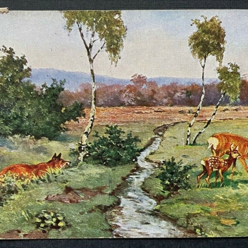 Landschaft Tiere Fuchs Reh Kitz Bach Natur Wiese Baum Malerei 400339 TH F