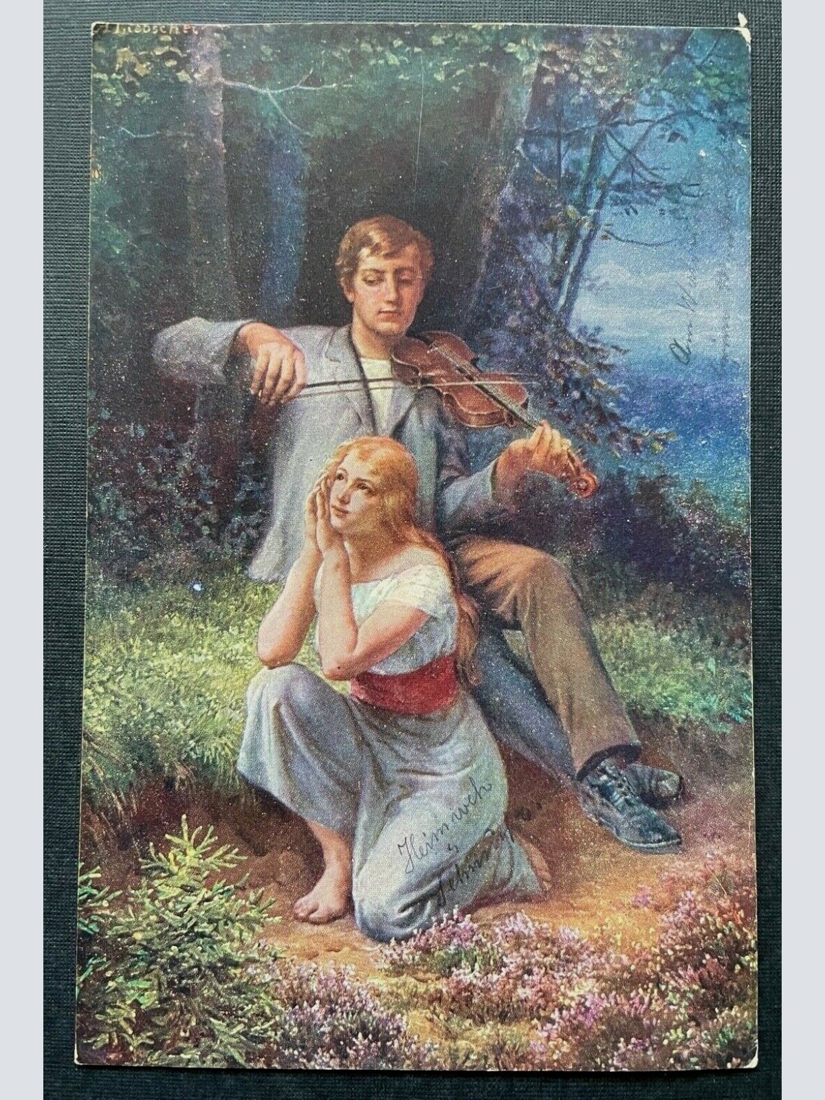 Malerei Heimweh Ad.Liebscher Frau Mann Musiker Geige Kleid Anzug Natur 400337 TH
