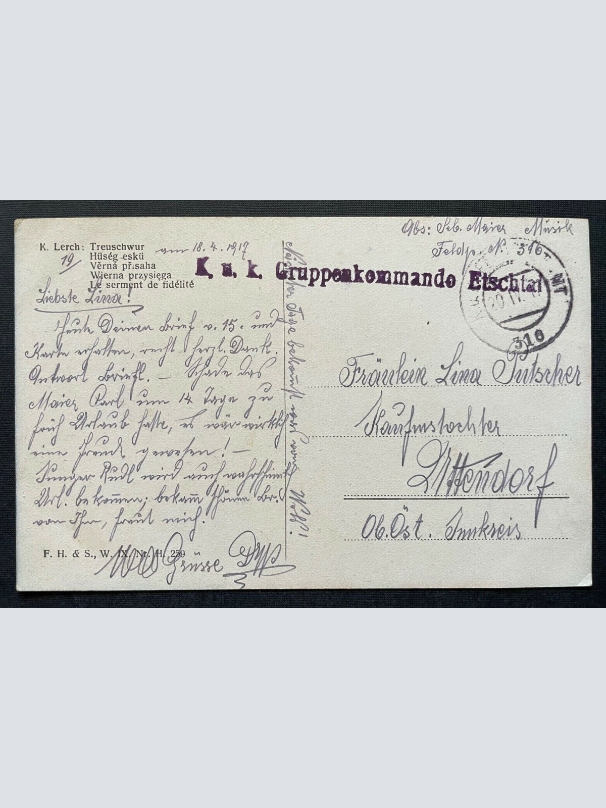 Malerei Treuschwur K.Lerch Paar Mann Frau Kleid Zweig Aussicht Himmel 400307 A