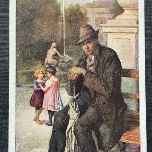 Malerei Rekonvaleszent Mann Krankheit Mantel Hut Kinder Park Brunnen 400295 TH A