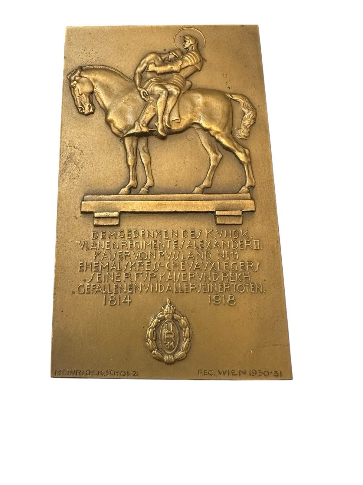 Bronze Plakette Ulanen Regiment Alexander II Österr.-Ungarn Heinrich K. Scholz