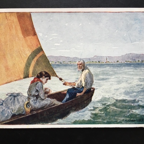 Mann & Frau mit Säugling im Segelboot (O. Hermann-Lamb) Meer Küste 270006 TH