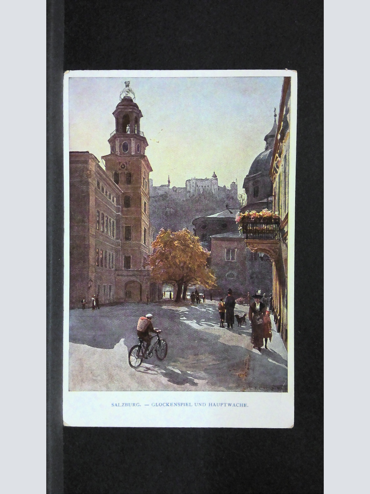 Salzburg Glockenspiel und Hauptwache Radfahrer Zeichnung Künstlerkarte JW165745