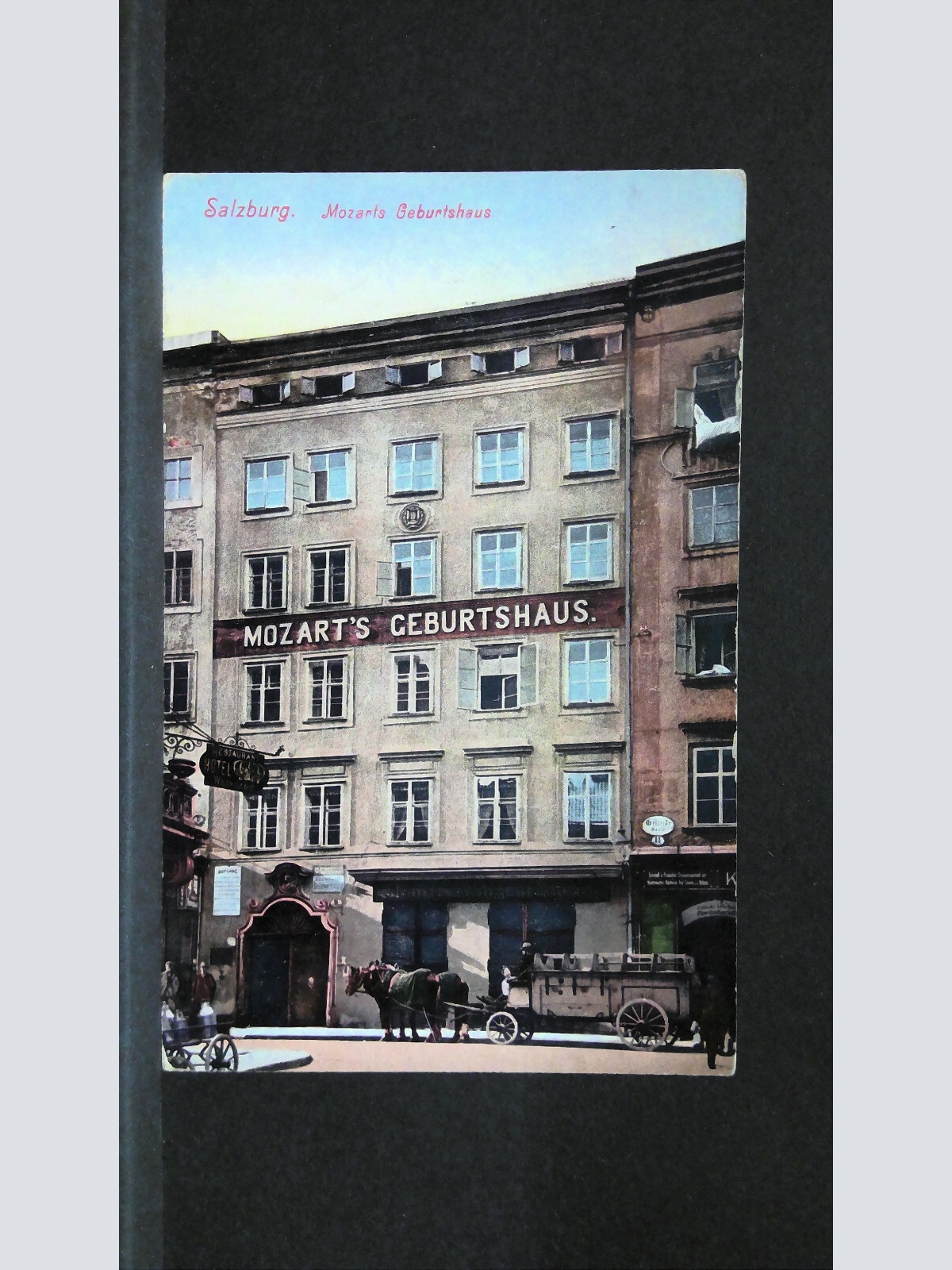 Salzburg Mozart Geburtshaus Pferdefuhrwerk farbig JW 391