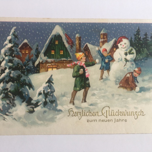Glückwunsch Weihnachtskarte. Winterlandschaft, drei Kinder. 652