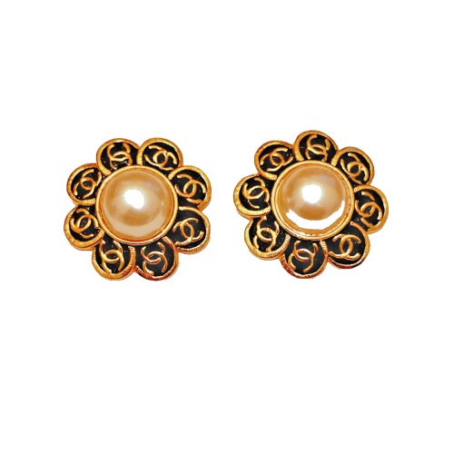 Vintage CHANEL CC Logo BlumenPerlen Ohrringe 40mm Durchm.  R0013