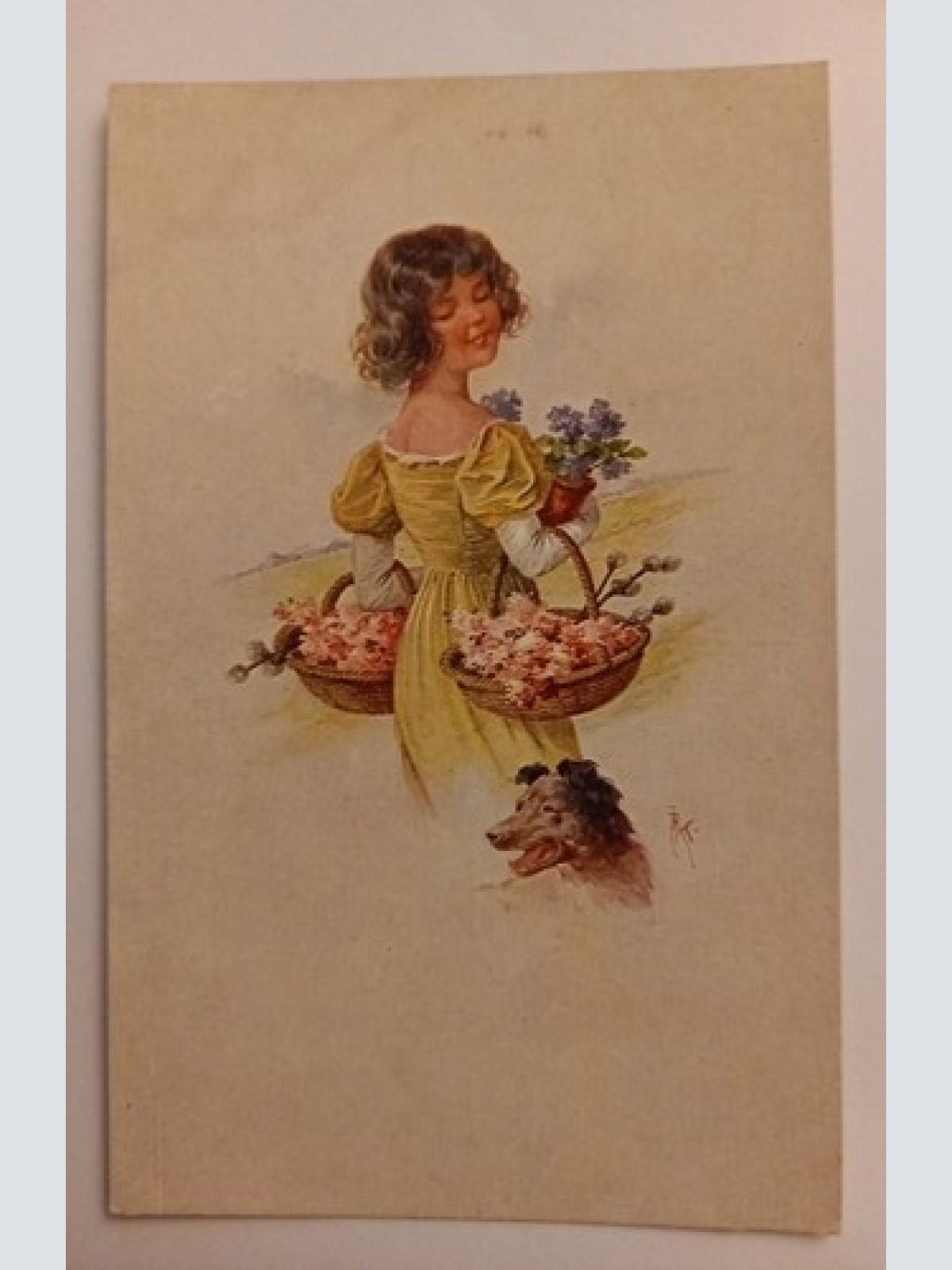 Korrespondenz Karte Frau mit Blumen und Hund 500059A gr D