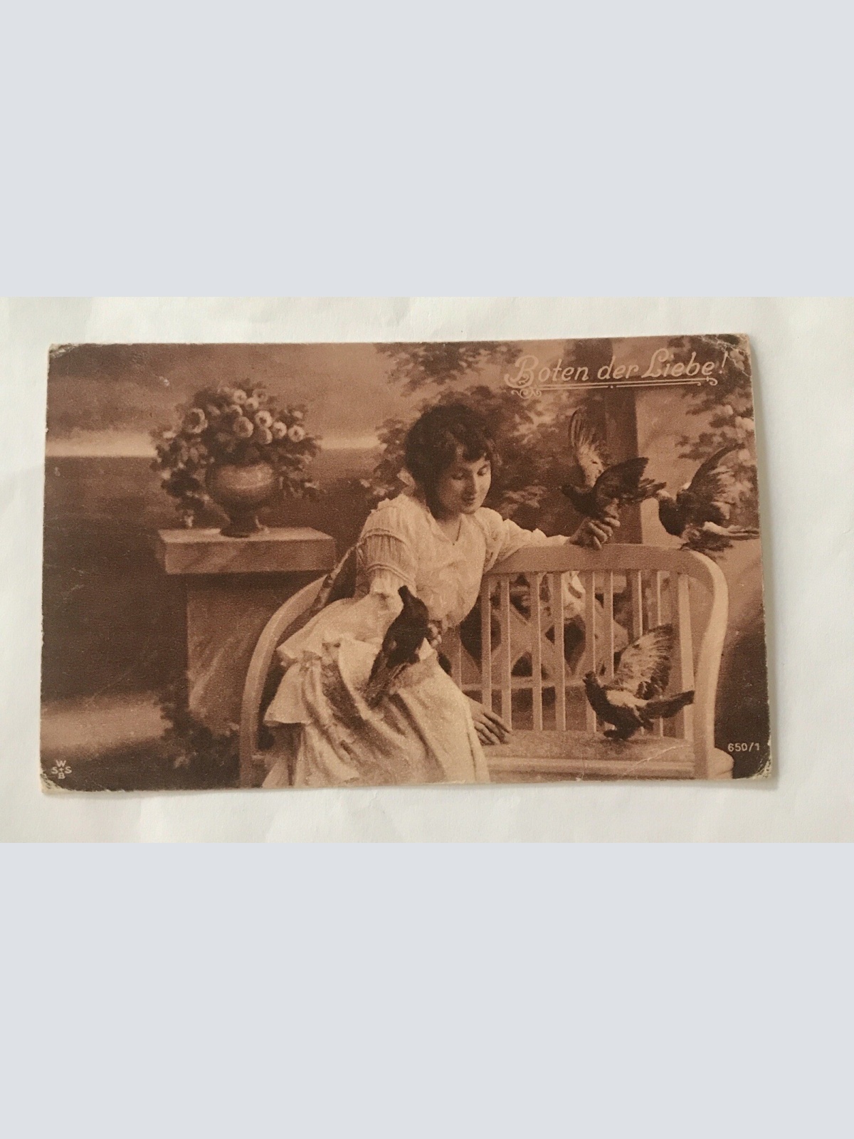AK, Boten der Liebe, Tauben, Frau, Blumen (20001 BW)