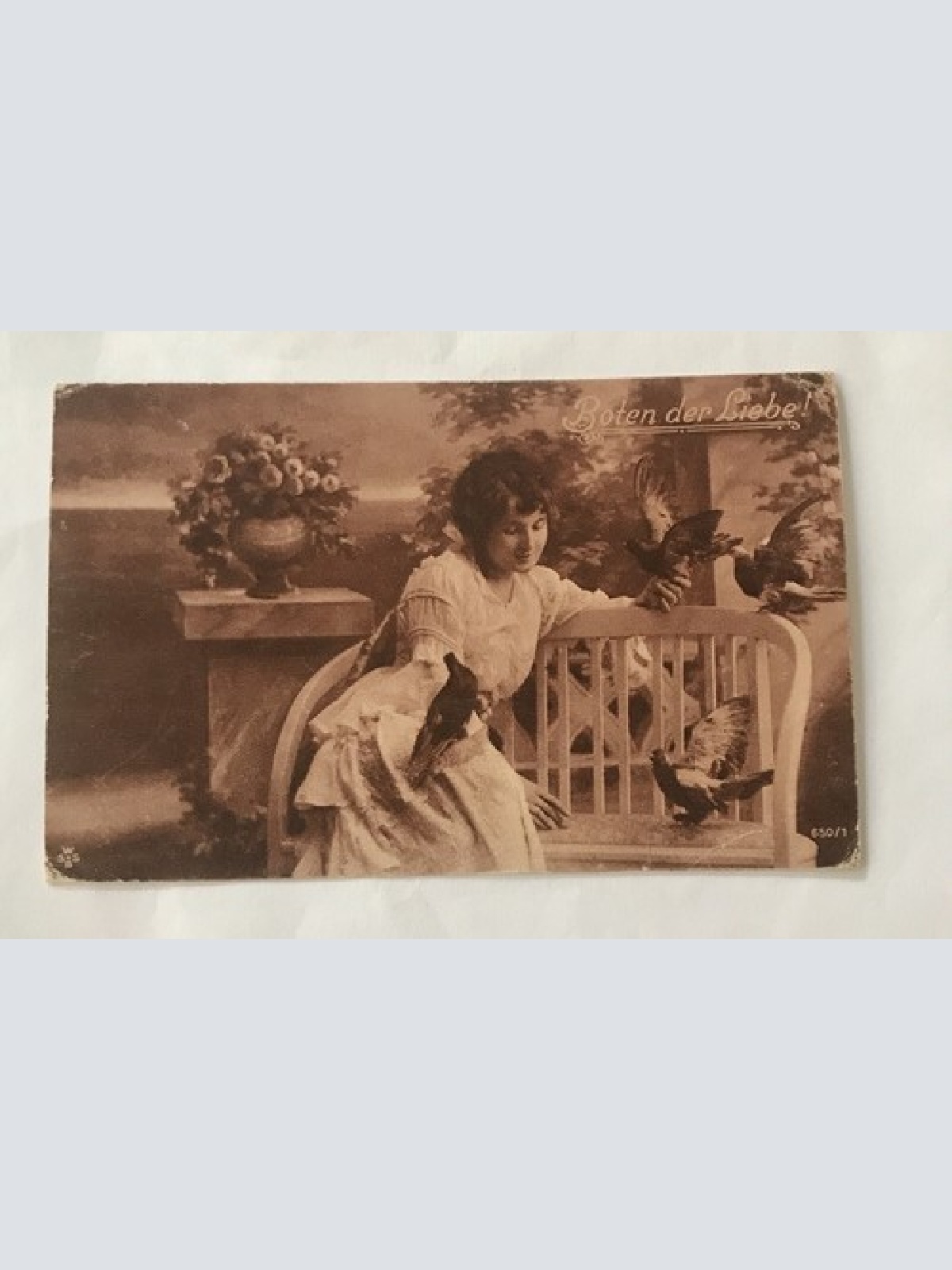 AK, Boten der Liebe, Tauben, Frau, Blumen (20001 BW)