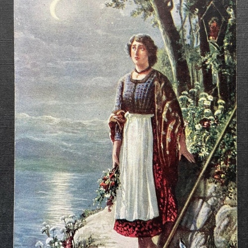 Malerei Abschied v.d. Heimat Frau Kleid Tracht Blumen Mond Meer Wald 410778 TH