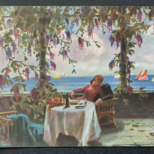 Malerei Im Rausche der Liebe A.Salvarani Paar Mann Frau Tisch Ausblick 400393 TH