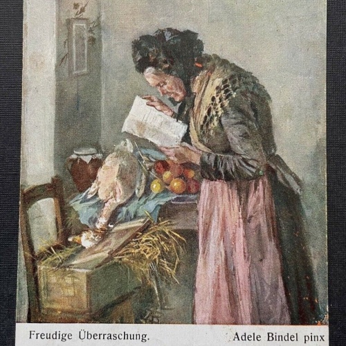 Malerei Freudige Überraschung A.Bindl Frau Gans Brief Kleid Tracht 400345 TH