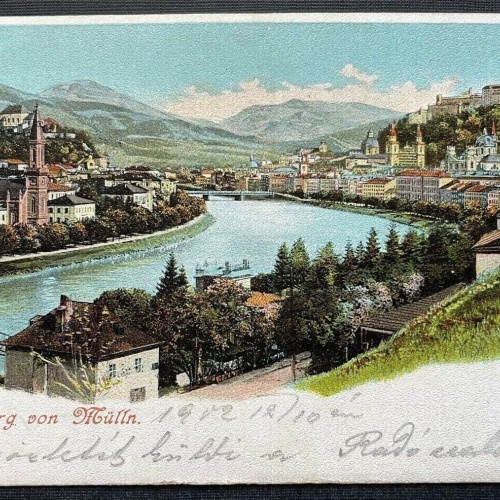 Salzburg von Mülln Salzach Fluss Brücke Festung Burg Kirche Österreich 410855 TH