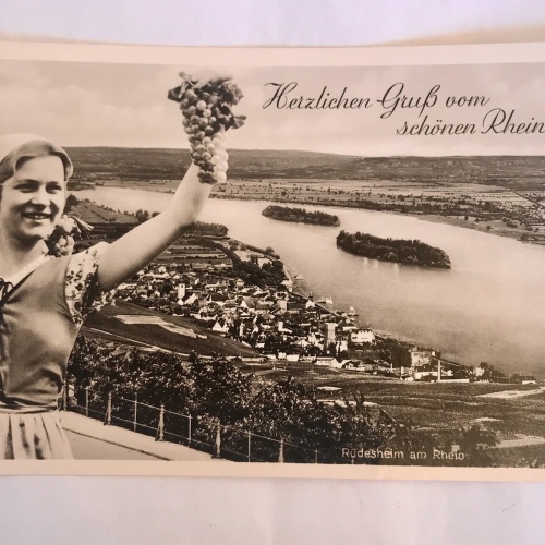 AK, Grußkarte, Rhein, Frau, Trauben, Rüdesheim (110227 Baw)