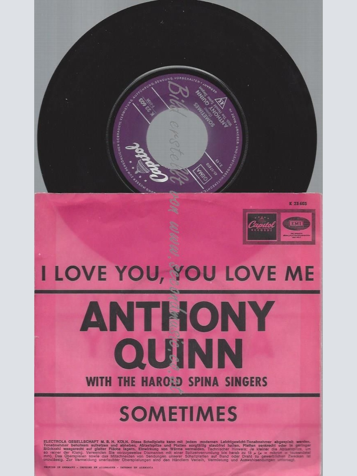 7"  Anthony Quinn With The Harold Spina Singers – I Love You, You Love