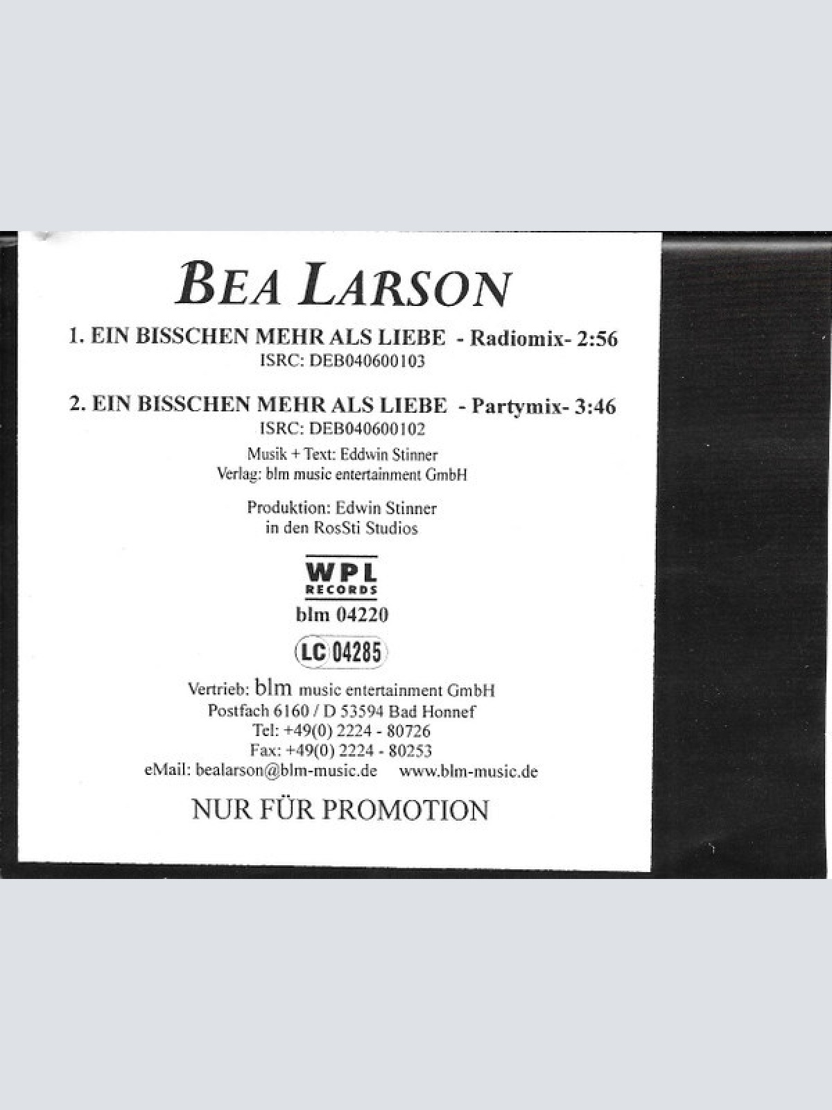 CD, Single, Promo Bea Larson - Ein Bisschen Mehr Als Liebe