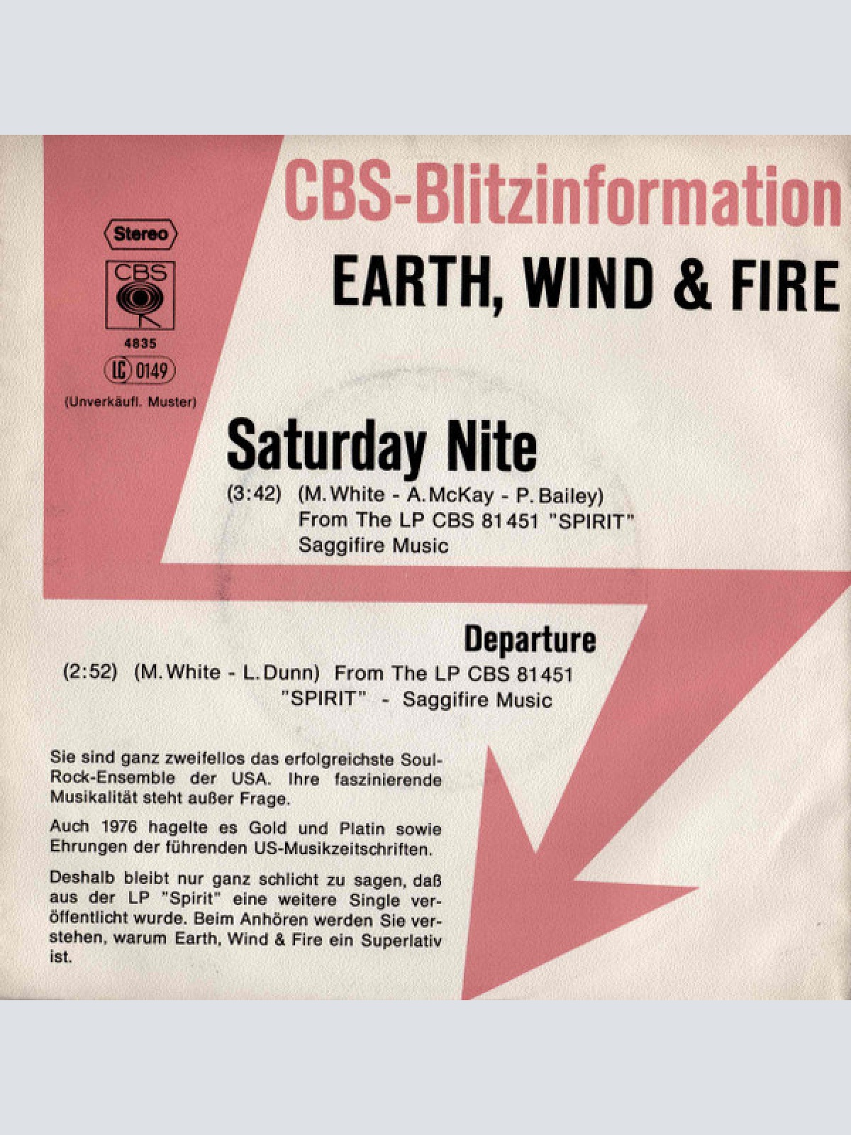 7", Promo Earth, Wind & Fire - Saturday Nite
