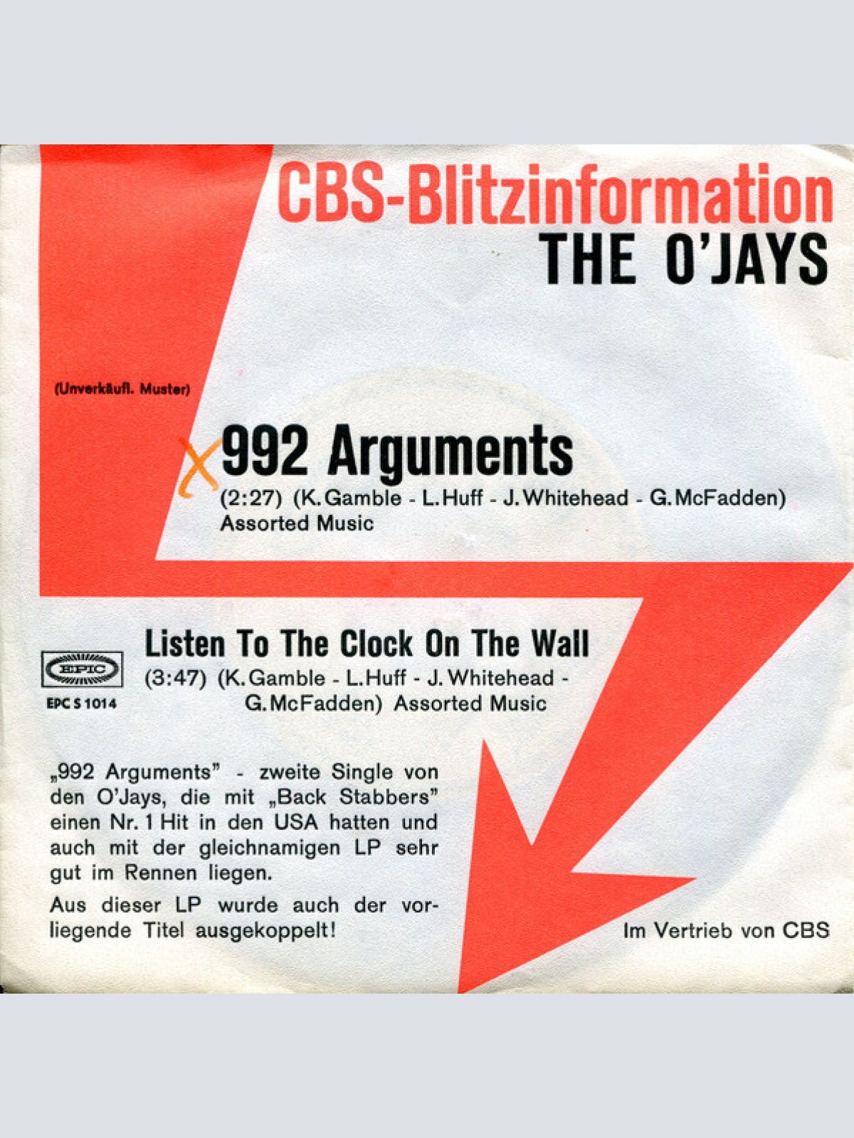 7", Single, Promo The O'Jays - 992 Arguments