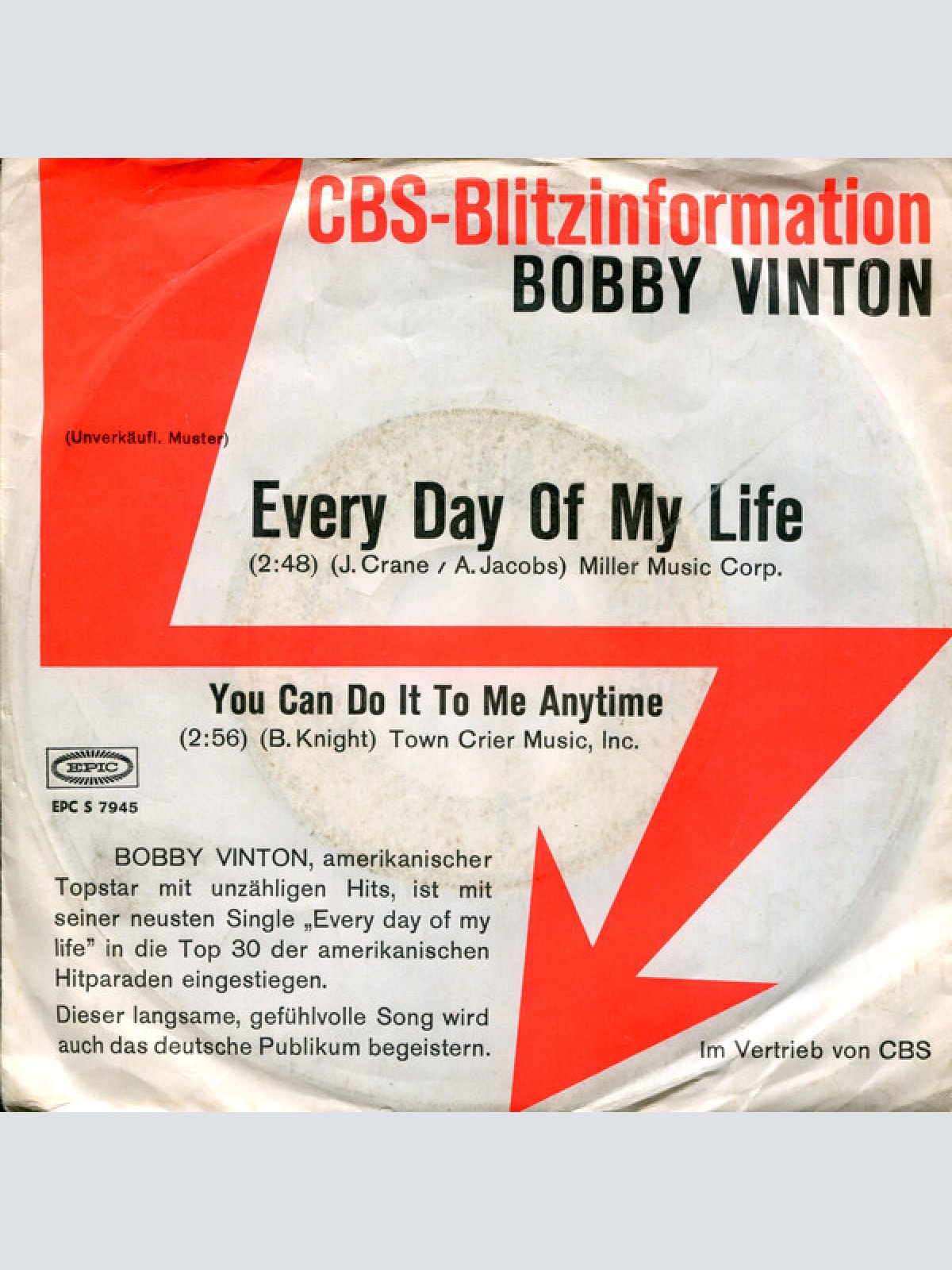 7", Promo Bobby Vinton - Every Day Of My Life