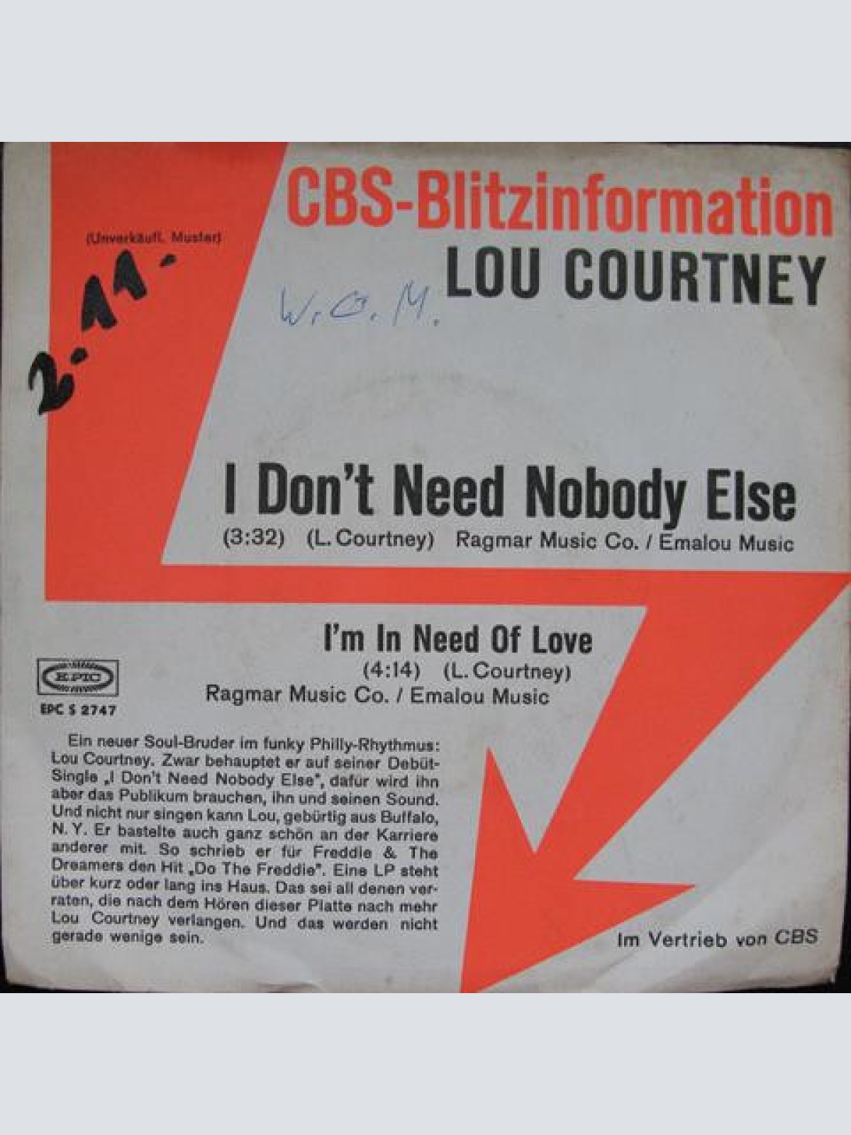 7", Promo Lou Courtney - I Don't Need Nobody Else