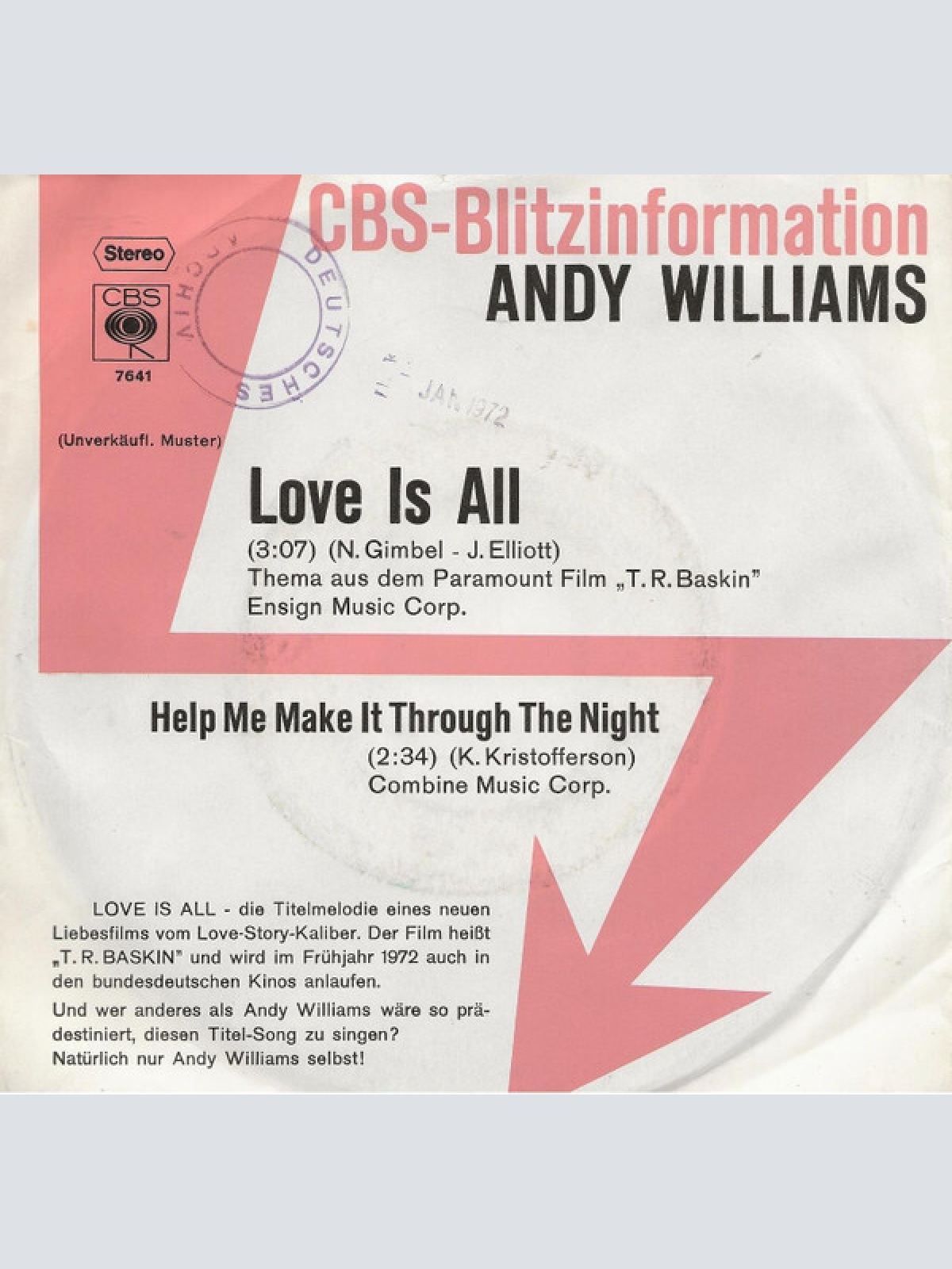 7", Single, Promo Andy Williams - Love Is All