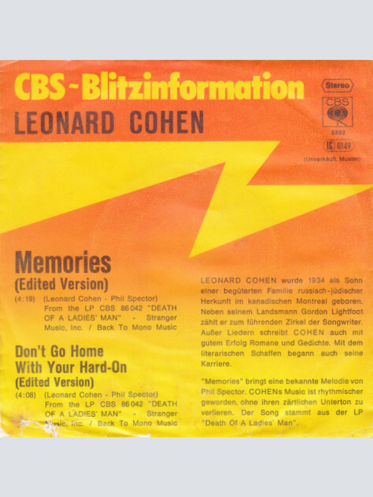 7", Single, Promo Leonard Cohen - Memories
