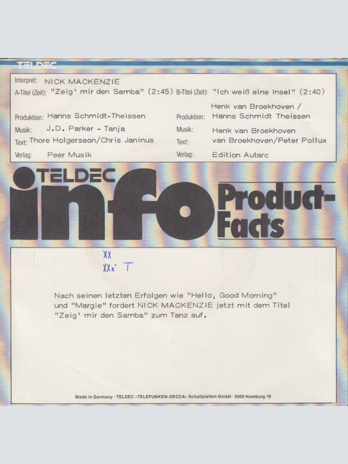 7", Single, Promo Nick MacKenzie - Zeig' Mir Den Samba