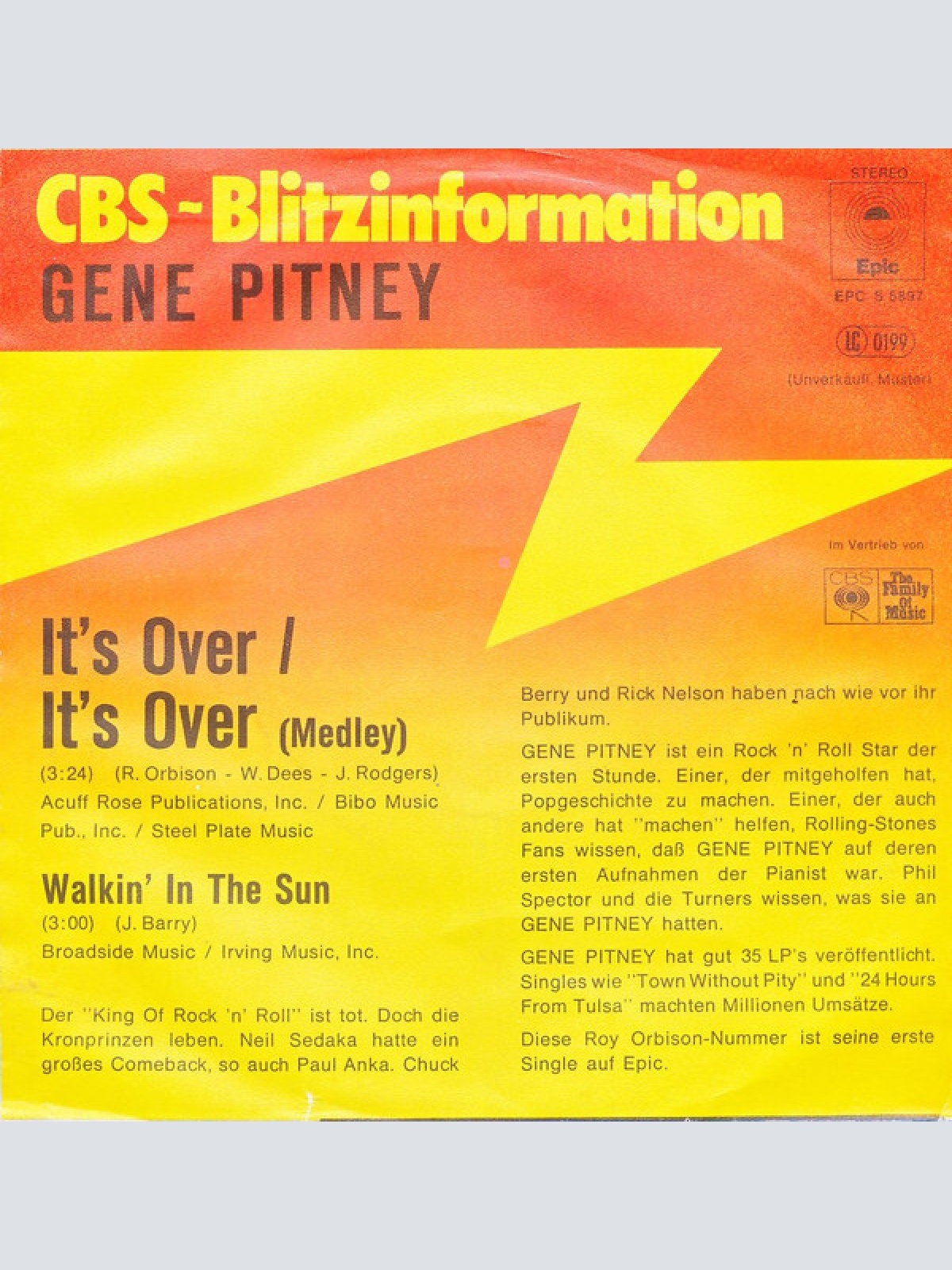 7", Single, Promo Gene Pitney - It's Over / It's Over (Medley)