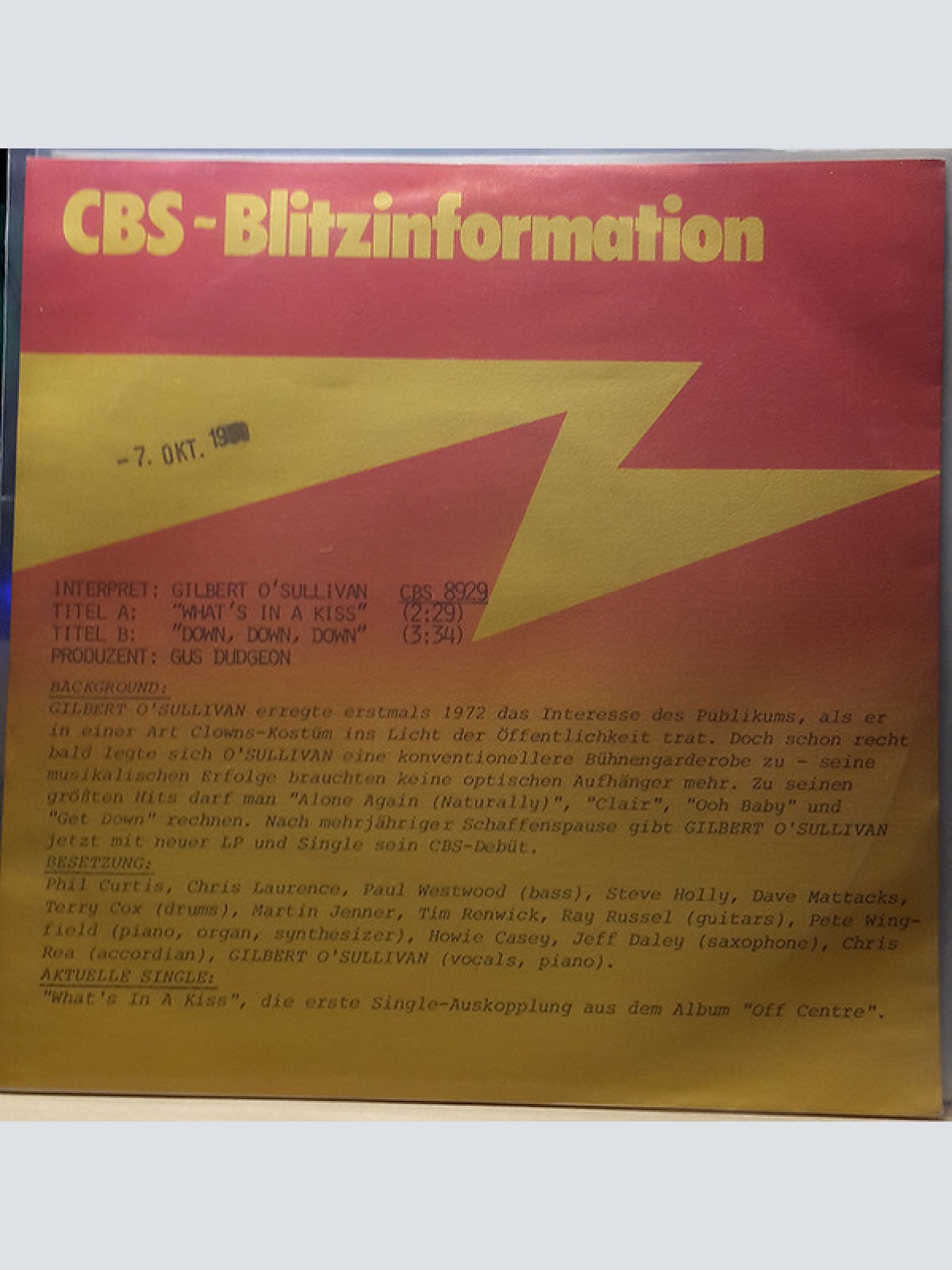 7", Single, Promo Gilbert O'Sullivan - What's In A Kiss