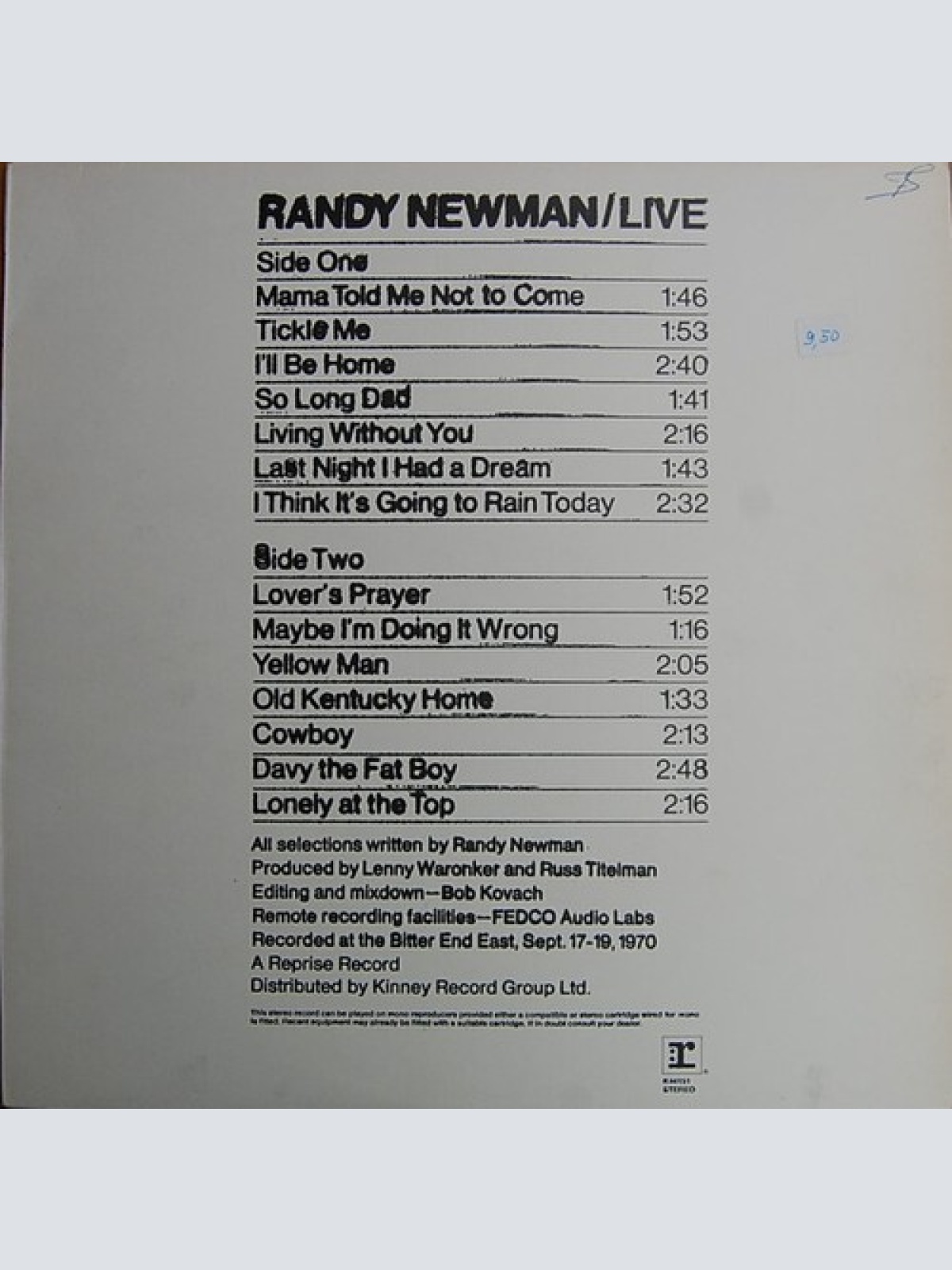 LP, Album Randy Newman - Live